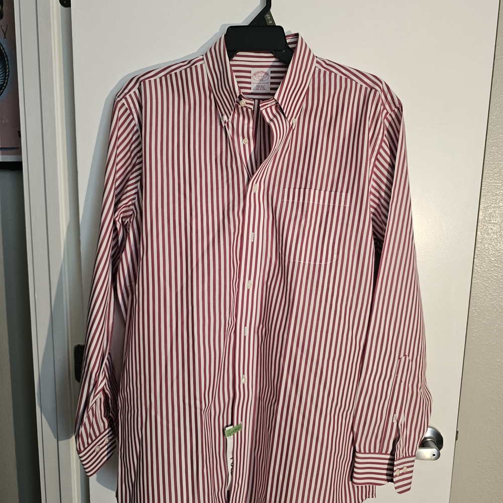 Men's Red and White Vertical Stripe Dress Shirt